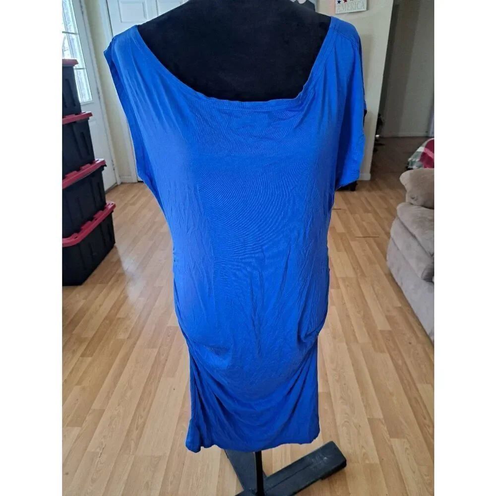 New XL Roy Lamp Blue Round Neck Short Sleeve Ruched Sides Bodycon Stretchy Dress